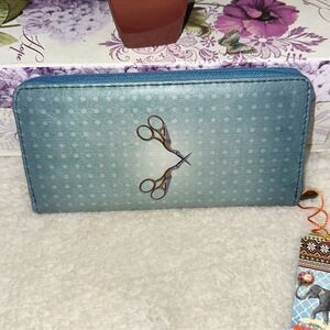 Mlaui Vegan Leather Wallet Blue Tones Polka Sewing Machine & Scissors Print